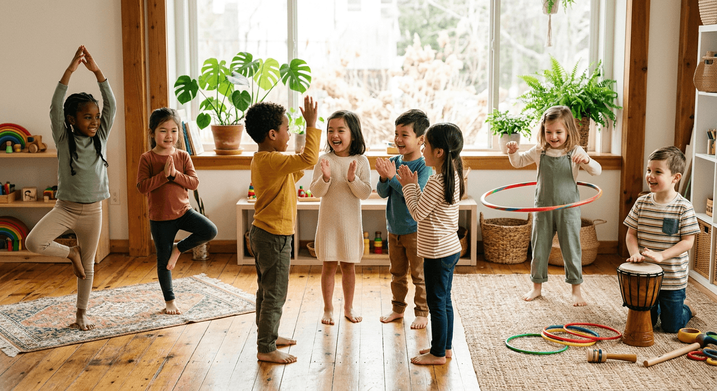 Children doing yoga and playing with drums and hula hoops during Mind Body Speech camp